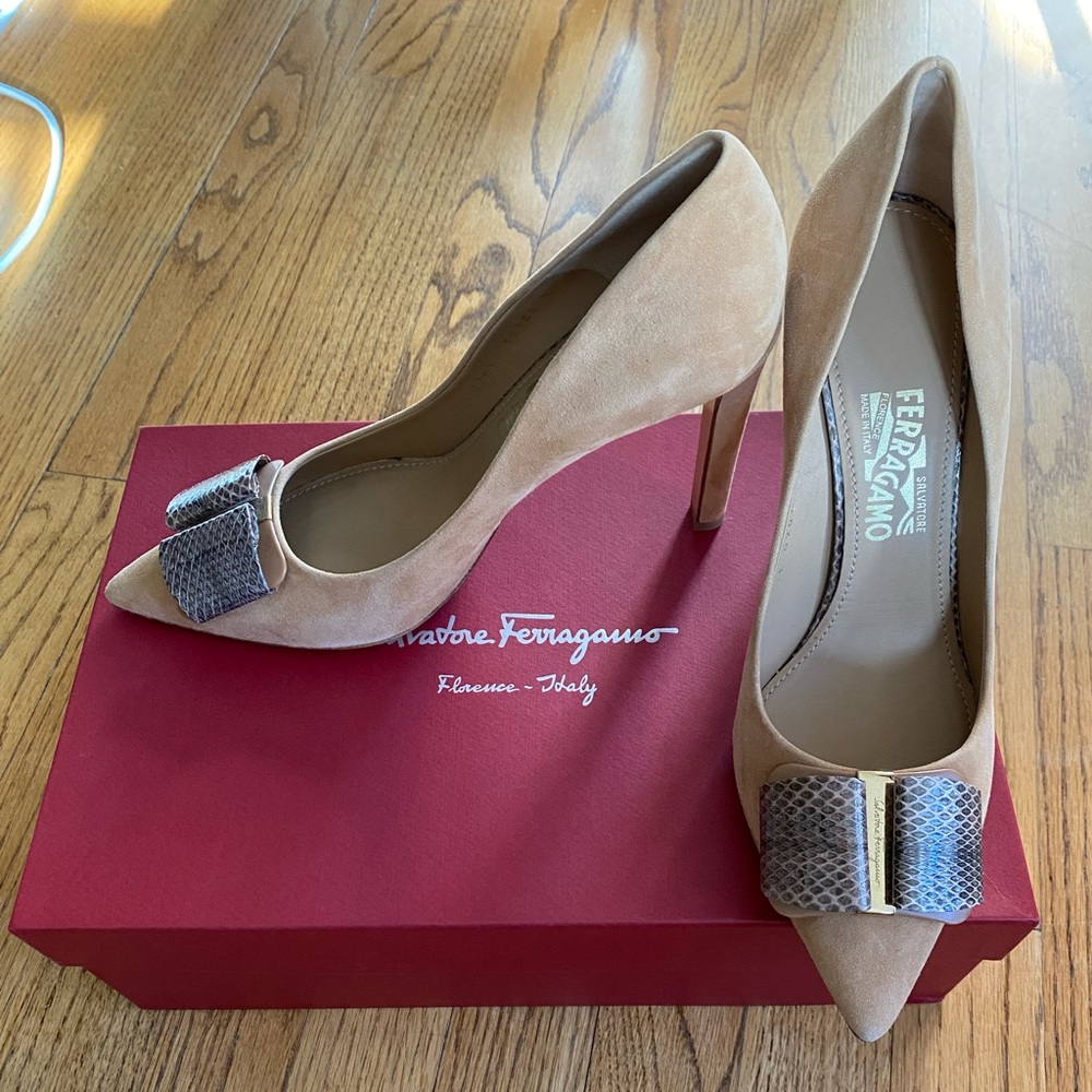 Ferragamo • Tan Suede Hells with Snack Skin Detailing